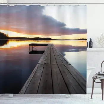 Landscape Shower Curtain, Serenity Relaxing Themed Port Pier Wooden Rustic Image of Dawn Sunset in Lake Art, Cloth Fabric 
Landscape Shower Curtain, Serenity Relaxing Themed Port Pier Wooden Rustic Image of Dawn Sunset in Lake Art, Cloth Fabric