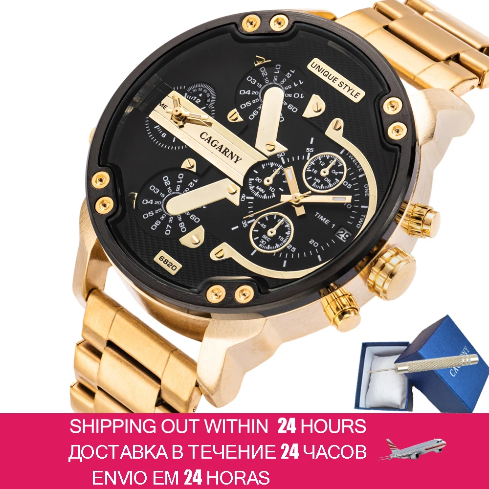 

Hot Fashion Mens Watches Top Brand Luxury Cagarny Dual Display Military Relogio Masculino Gold Steel Quartz Watch Men Male Clock