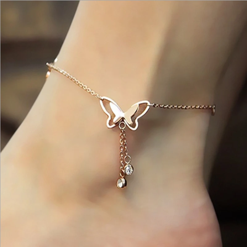 Фото Charm Butterfly Feet Anklet Jewelry Fashion Double Gold Chains Anklets For Women Party Foot Bracelet Gift | Украшения и