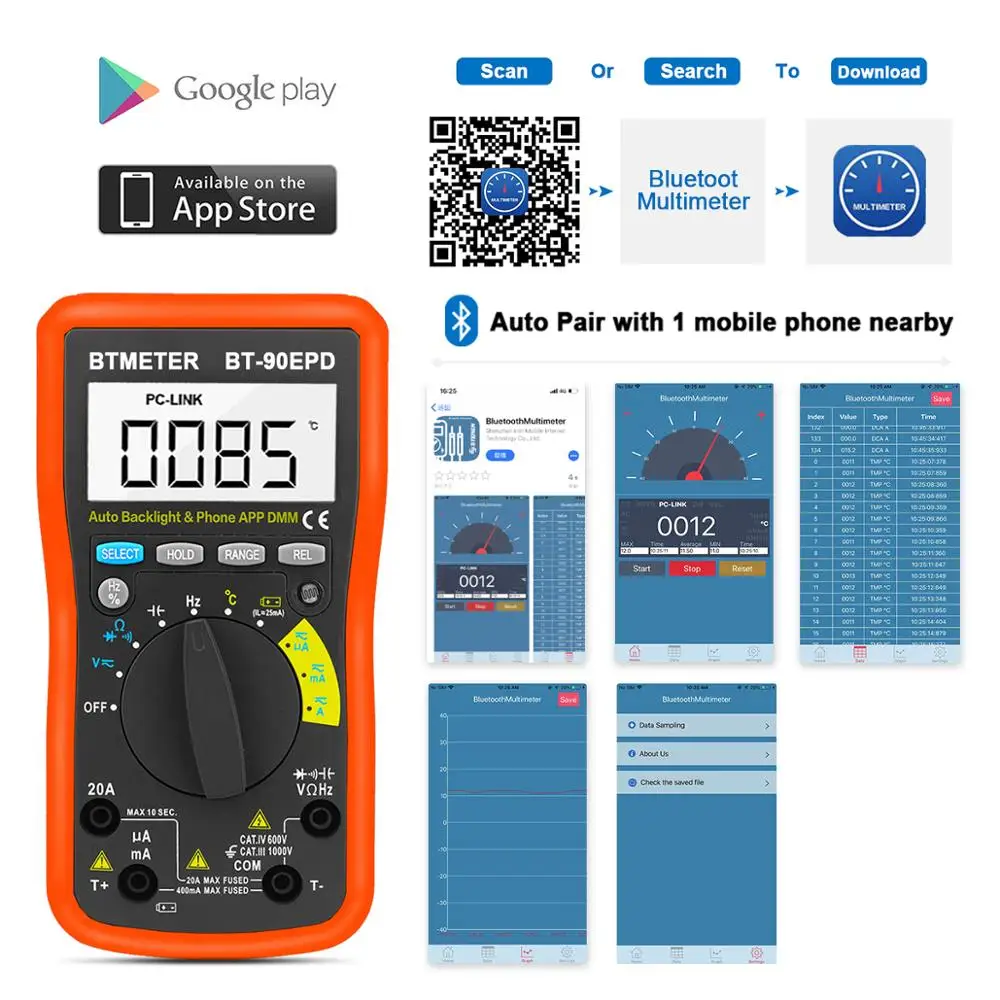 Multimeter BT-90EPD Auto Range 4000 Counts With APP Bluetooth,AC/DC Voltage Current Resistance capacitor Tester Auto Backlight
Multimeter BT-90EPD Auto Range 4000 Counts With APP Bluetooth,AC/DC Voltage Current Resistance capacitor Tester Auto Backlight