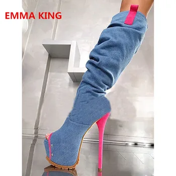2019 Blue Denim Autumn Sexy Peep Toe Platform Knee High Boots For Women Fashion Side Zip Stiletto High Heels Roman Long Boots
2019 Blue Denim Autumn Sexy Peep Toe Platform Knee High Boots For Women Fashion Side Zip Stiletto High Heels Roman Long Boots