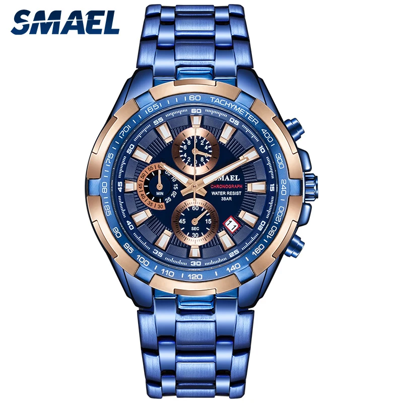 Fashion Blue Watches SMAEL Luxury Men Watches Stainless Steel Band Quartz Watch Men Waterproof Business Date Wristwatches 2020 
Fashion Blue Watches SMAEL Luxury Men Watches Stainless Steel Band Quartz Watch Men Waterproof Business Date Wristwatches 2020