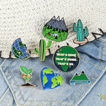 

Green Enamel Pins Earth Heart Map Cactus Mountain Forest Brooches Lapel Pin For Women Men Cartoon Adventue Badge Natural Jewelry