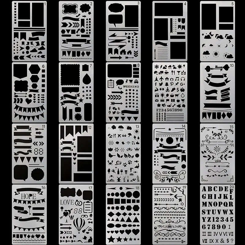 20 PCS Journal Stencil Plastic Planner Set for Journal Notebook Diary Scrapbook DIY Drawing Template Tools 4x7 Inch
20 PCS Journal Stencil Plastic Planner Set for Journal Notebook Diary Scrapbook DIY Drawing Template Tools 4x7 Inch