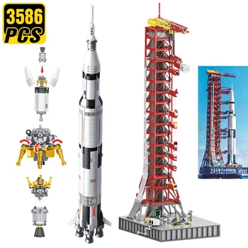 MOC Ideas Creator Expert Building Blocks Saturn V Launcher Apollo 11 Lunar Lander Space Rocket Children Birthday Gift Toys