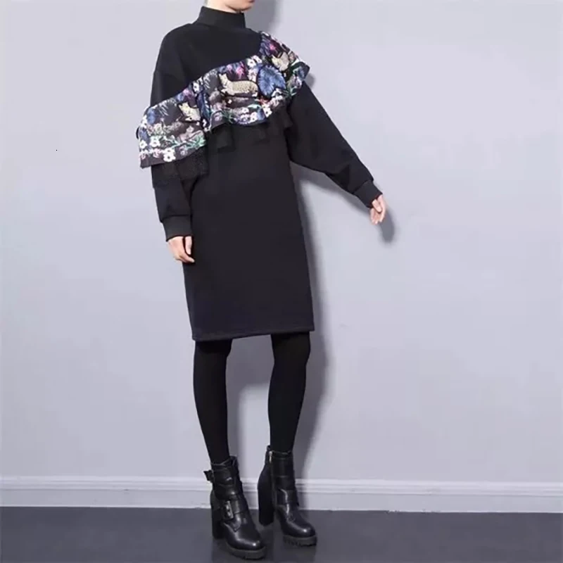 CHICEVER Patchwork Ruffle Autumn Dress For Women Stand Collar High Waist Lantern Sleeve Mini Dresses Female 2019 Fashion New (1).jpg