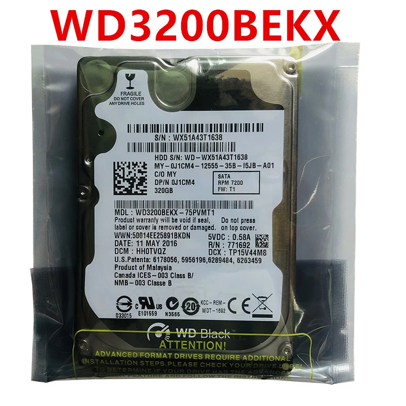 

New Original HDD For WD 320GB 2.5" SATA 3 Gb/s 16MB 7200RPM 9.5MM For Internal Hard Disk For Notebook HDD For WD3200BEKX