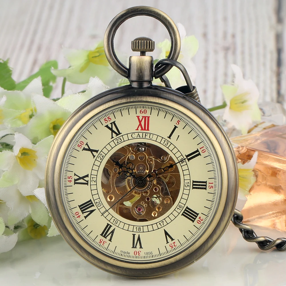 Bronze Automatic Mechanical Pocket Watches Vintage Transparent Skeleton Open Face Roman Numbers Fob Chain Antique Clock Hours
Bronze Automatic Mechanical Pocket Watches Vintage Transparent Skeleton Open Face Roman Numbers Fob Chain Antique Clock Hours