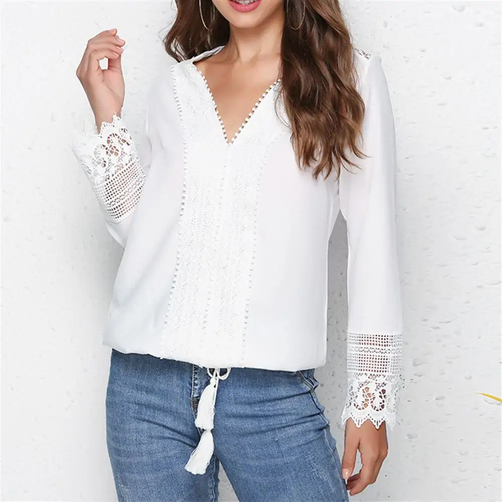 Women's Long Sleeve V-neck Tassel Drawstring Chiffon Blouses with Lace Trim Shirt Autumn Tops New Arrival
Women's Long Sleeve V-neck Tassel Drawstring Chiffon Blouses with Lace Trim Shirt Autumn Tops New Arrival