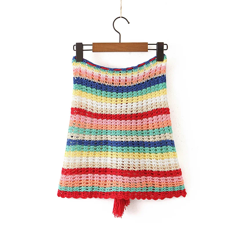 2020 BOHO Lacing up Colored Striped Hand crochet Cardigan Sweater Women Bandage Mini Short Shorts Half Sleeve Tops 2 Pieces Set