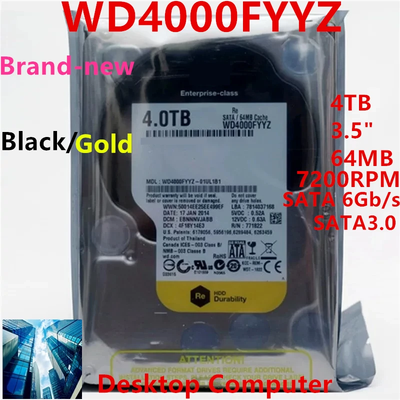 

New Original HDD For WD Black/Gold 4TB 3.5" SATA 64MB 7200RPM For Internal Hard Disk For Enterprise Class HDD For WD4000FYYZ