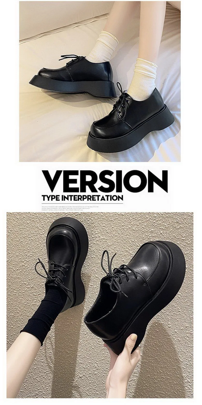 Platforms Shoes Women Bottom Heels Woman Autumn Shoes Round Big toe Shoe British Style Girls Faves Footwear Slip On Black