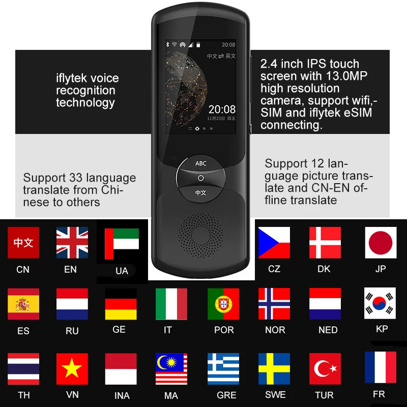 iFLYTEK Instant Translator Voice WiFi SIM SOS Photo Xiaoyi2.0 AI Instant Voice Picture with 13Mp Camera 32 Country Languages
iFLYTEK Instant Translator Voice WiFi SIM SOS Photo Xiaoyi2.0 AI Instant Voice Picture with 13Mp Camera 32 Country Languages