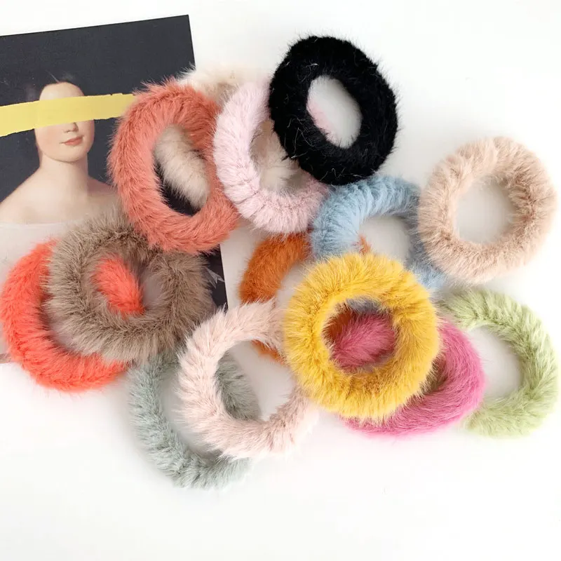 1PC Women Girls Candy Color Soft Faux Fur Scrunchie Fluffy Hair Ring Winter Cute Sweet Rubber Bands Hair Ties Hair Accessories