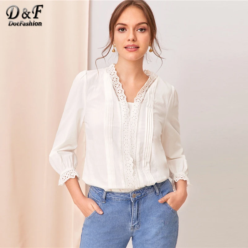 

Dotfashion White Eyelet Embroidered Pleated Detail Blouse Women 2019 Autumn 3/4 Sleeve Blouses Ladies Solid Flounce Sleeve Top