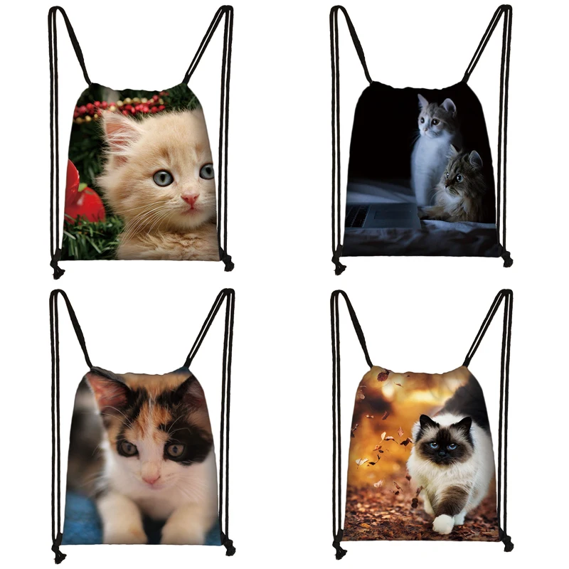 Фото Cute Cat Print Drawstring Bag Women Travel Teenager School Brown Girl And Boy Backpack Fashion Female Storage Bags To333 | Багаж и сумки