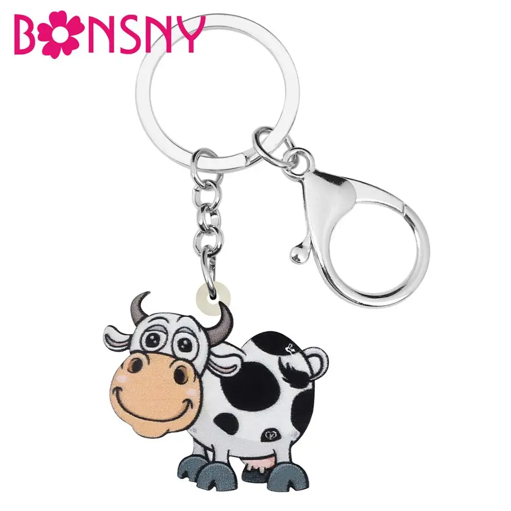 Фото Bonsny акриловые брелки для ключей с коровой и молочной животными женщин девочек