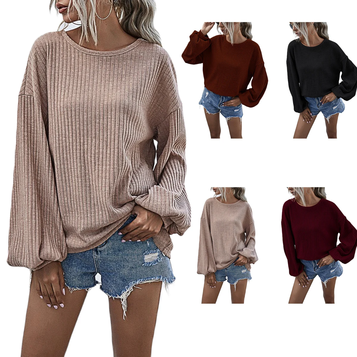 Women Lantern Sleeve Round Neck Top Long Sleeve Solid Color Knit Top for Women Ladies
Women Lantern Sleeve Round Neck Top Long Sleeve Solid Color Knit Top for Women Ladies
