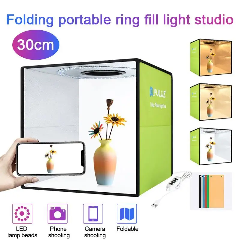 30*30cm Mini Foldable Photo Studio Box Photography Lightbox Studio Shooting Tent kit with LED Ring & 6 Color Backdrops
30*30cm Mini Foldable Photo Studio Box Photography Lightbox Studio Shooting Tent kit with LED Ring & 6 Color Backdrops