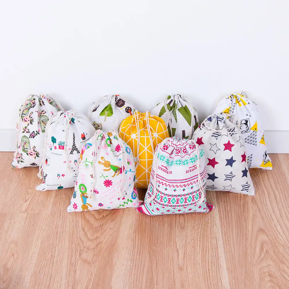 1pc portable canvas drawstring bags cotton linen print storage