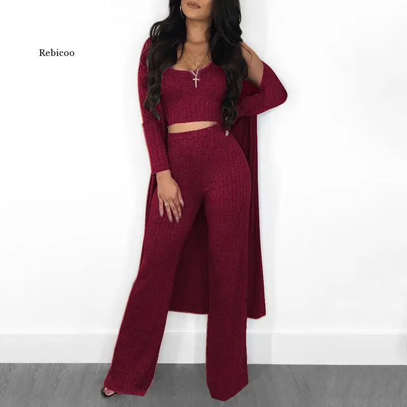 

Autumn Winter Ribbed 3 Pieces Set Women Crop Top High Waist Wide Leg Pants Set Long Sleeve Trench Coat