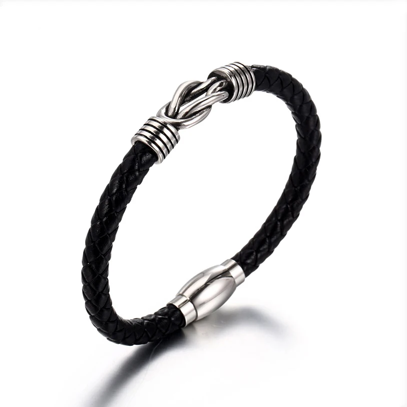

NANDESI Jewelry Men's Genuine Woven Rope Stainless Steel Leather Bracelet Hip Hop Males Bangle Fit Less 220mm Wrist