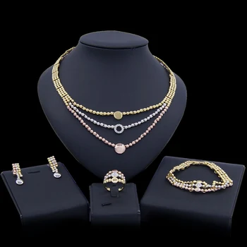 

Yulaili Fashion African Dubai Gold Jewelry Sets Nigerian Tricolor Rhinestone Necklace Earrings Ring Wedding Bridal Jewellery