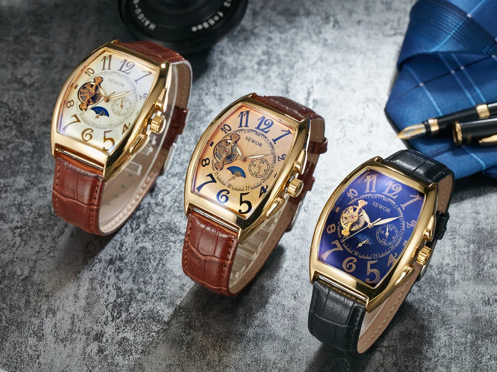 Zegarek męski SEWOR moda Tourbillon automatyczny mechaniczny, Tonneau Case, faza księżyca, małe sekundy - Wianko - 15