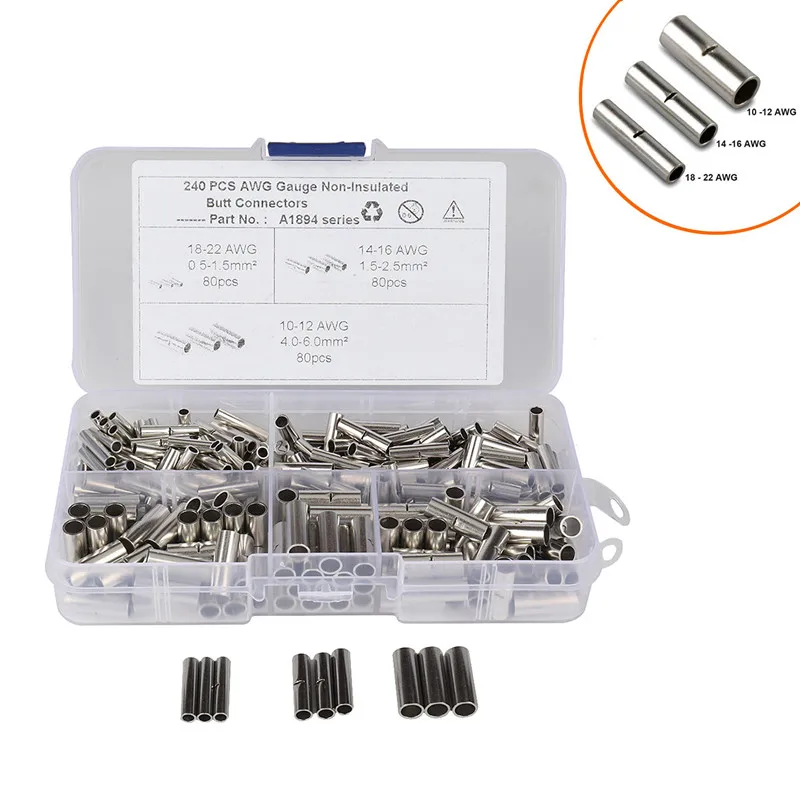 240Pcs/Box AWG Gauge Non-Insulated Butt Connectors Uninsulated Wire Ferrule Cable Crimp Terminal Kit For Car Ship Replacement
240Pcs/Box AWG Gauge Non-Insulated Butt Connectors Uninsulated Wire Ferrule Cable Crimp Terminal Kit For Car Ship Replacement