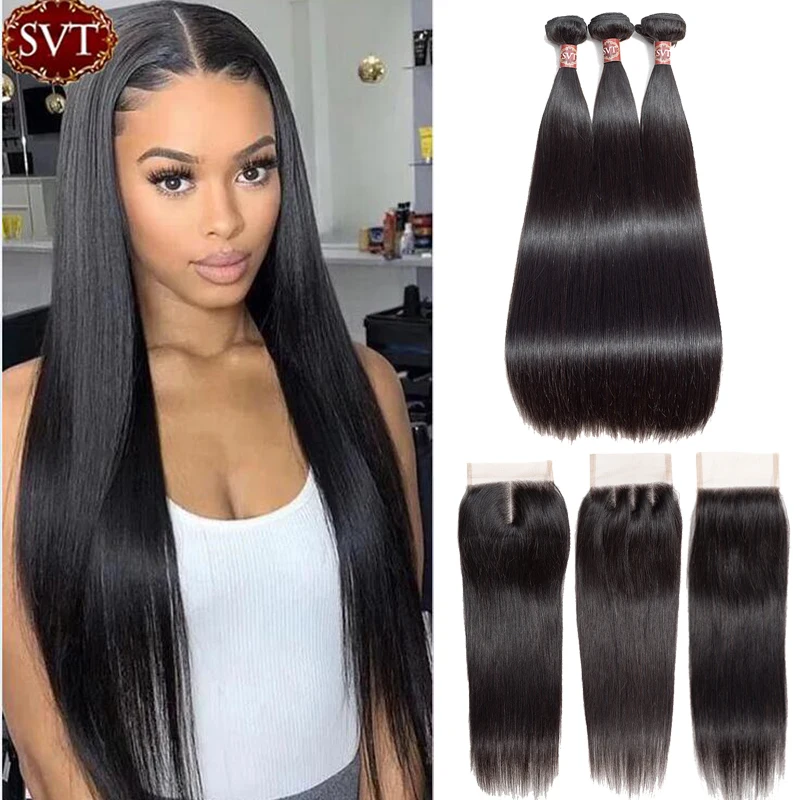 

SVT Hair Malaysian Straight Hair Bundles With Closure 4*4 Lace Closure With Bundles Non-Remy Human Hair 3 Bundle With Closure