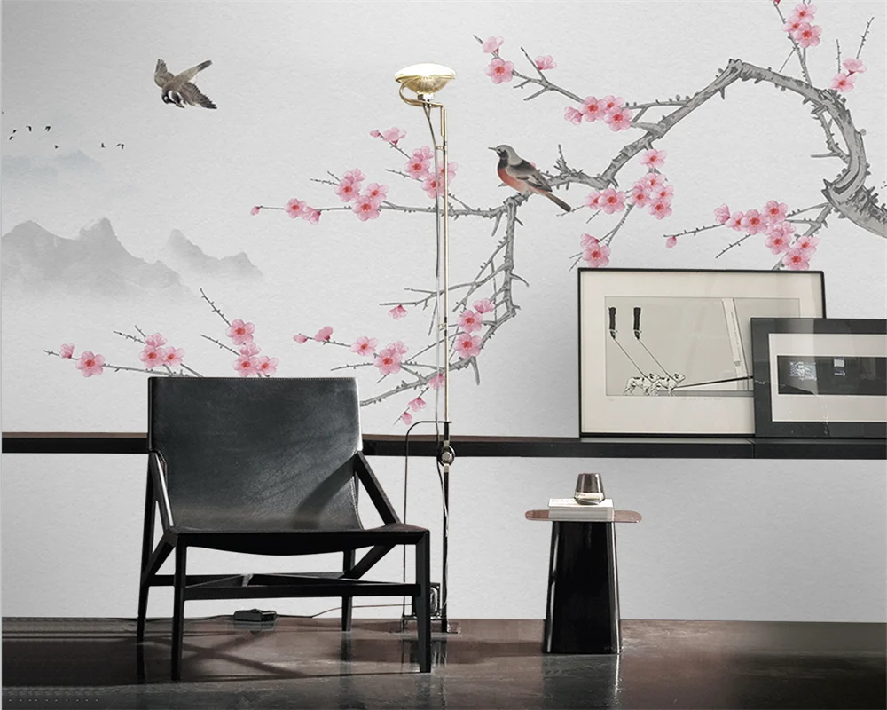 

beibehang Customized modern plum blossom hand-painted bird new Chinese background wallpaper wall papers home decor