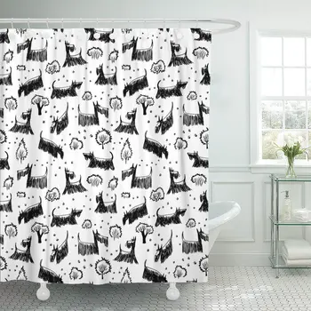 

Cute Doodle Scotch Terrier Dog Breed Pets Footprints Shower Curtain Waterproof Polyester Fabric 72 x 78 Inches Set with Hooks