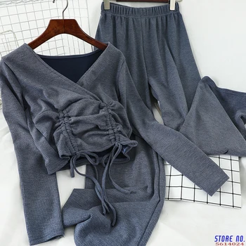 Fashion Knitted Women 2PCS Sets Drawstring Short Long Sleeve V-neck Tops + Stretch Waist Wide Leg Pants Outfits 4A026
Fashion Knitted Women 2PCS Sets Drawstring Short Long Sleeve V-neck Tops + Stretch Waist Wide Leg Pants Outfits 4A026