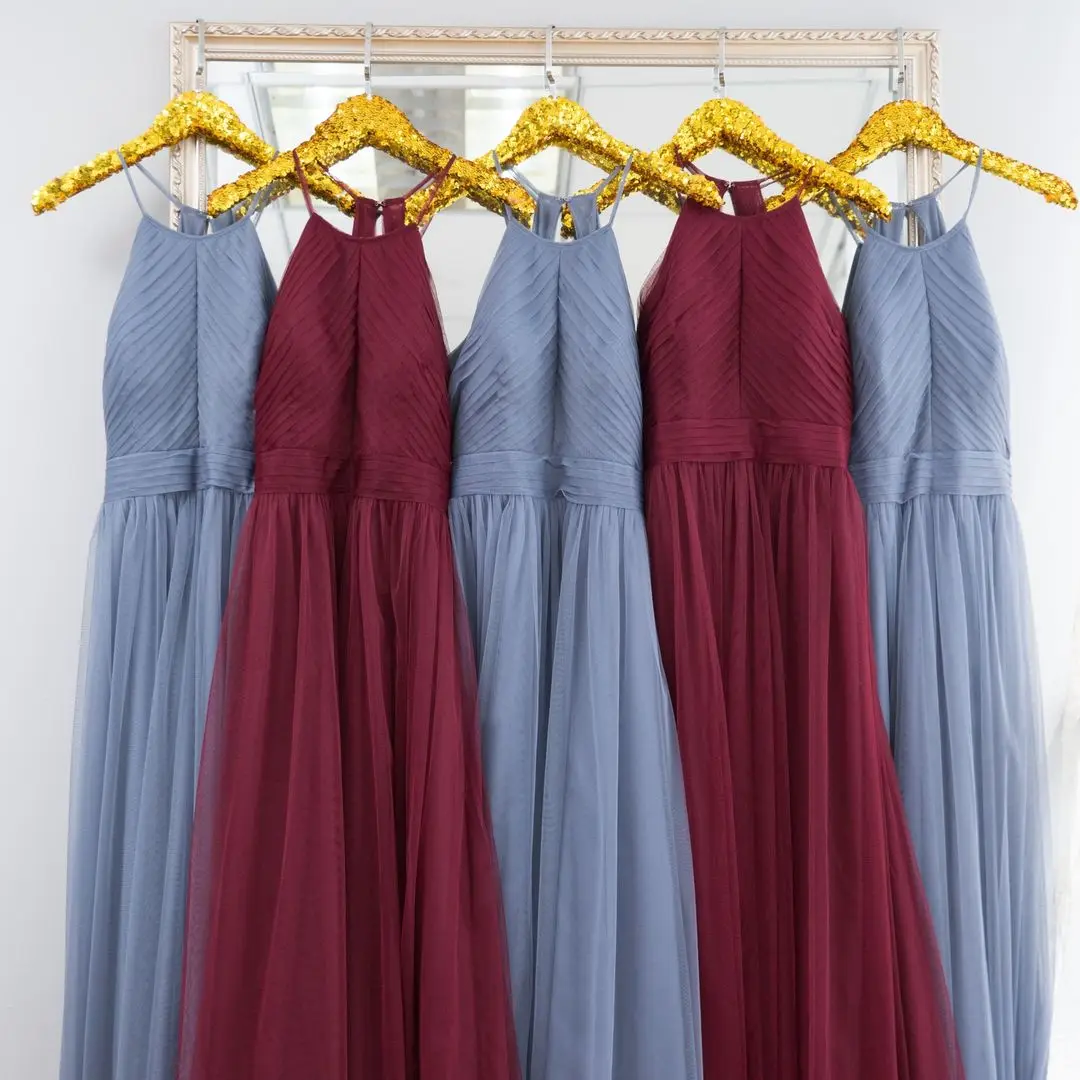 

Long Chiffon Bridesmaid Dresses 2021 A-Line Halter Neck Junior Honor of Maid Gown Burgundy Blue Wedding Party Dress Sleeveless