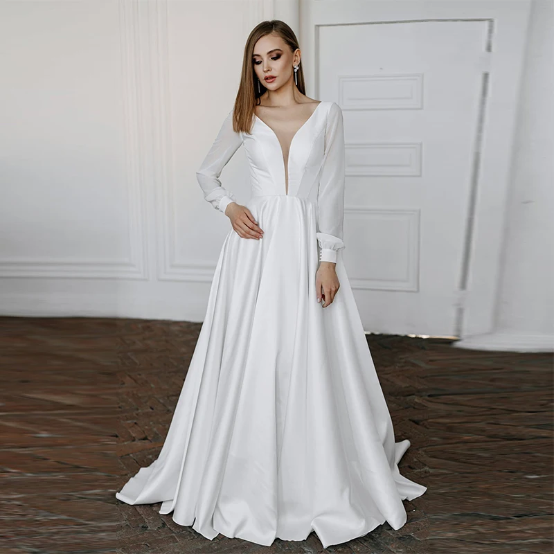 Thinyfull Elegant Long Sleeves Satin Wedding Dresses V-Neck Boho A-Line Simple Wedding Party Gowns Lace-Up Back Princess Robes
Thinyfull Elegant Long Sleeves Satin Wedding Dresses V-Neck Boho A-Line Simple Wedding Party Gowns Lace-Up Back Princess Robes