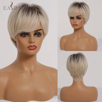 

EASIHAIR Short Straight Ombre Blonde Synthetic Hair Wigs with Bangs for Women Daily Wigs Layered Heat Resistant Natural Hair Wig