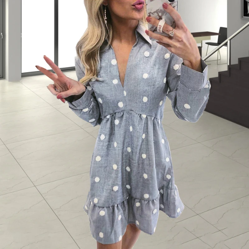 Polka Dot Vintage Ruffles Mini A Line Shirt Dress Autumn Women Vestidos Turn Down Coller Long Sleeve Casual Dress Female Slim
Polka Dot Vintage Ruffles Mini A Line Shirt Dress Autumn Women Vestidos Turn Down Coller Long Sleeve Casual Dress Female Slim