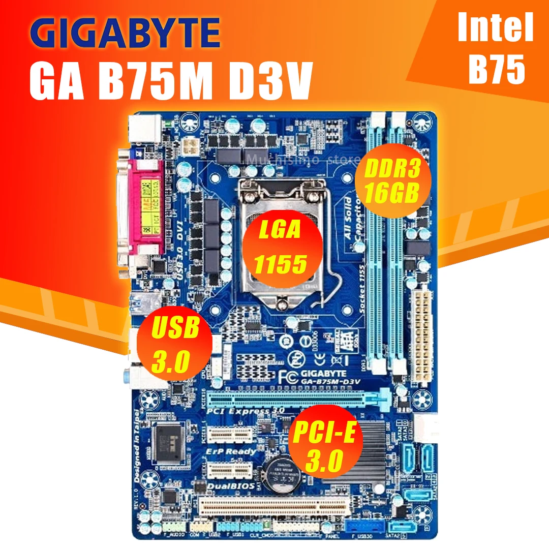 Материнская плата LGA 1155 для Gigabyte GA-B75M-D3V Core i7 i5 i3 DDR3 2200(OC) МГц 16 ГБ PCI-E 3 0 DVI Intel B75 бу |