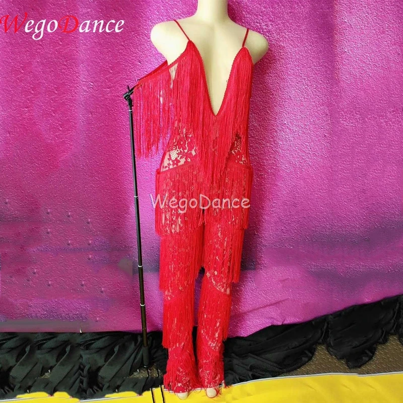 

New Red Fringes Rhinestones Jumpsuit Women Stage Dance Costume Nightclub Dance Female Singer Show Bright Leotard