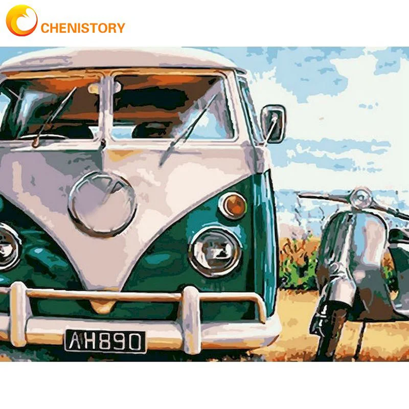 CHENISTORY 40x50cm Frame Painting By Numbers Kits For Adults Green Bus Landscape Picture Number Hand Painted Home Decor | Дом и сад