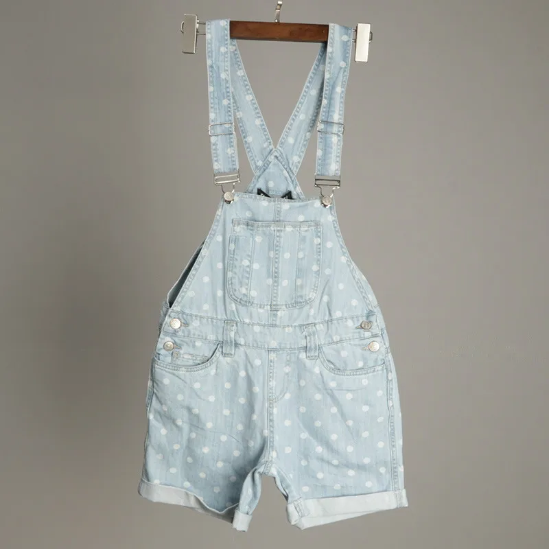 High waist summer women fashion water wash polka dot print denim playsuit female trendy vintage jean cotton rompers overalls 
High waist summer women fashion water wash polka dot print denim playsuit female trendy vintage jean cotton rompers overalls