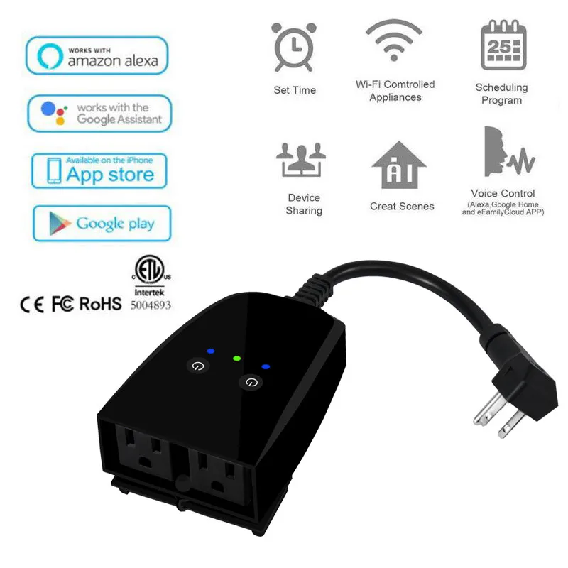 Outdoor Waterproof Smart Plug WiFi Outlet with 2 Sockets Timing APP Remote Control Wifi Plug Compatible with Alexa & Google Home
Outdoor Waterproof Smart Plug WiFi Outlet with 2 Sockets Timing APP Remote Control Wifi Plug Compatible with Alexa & Google Home