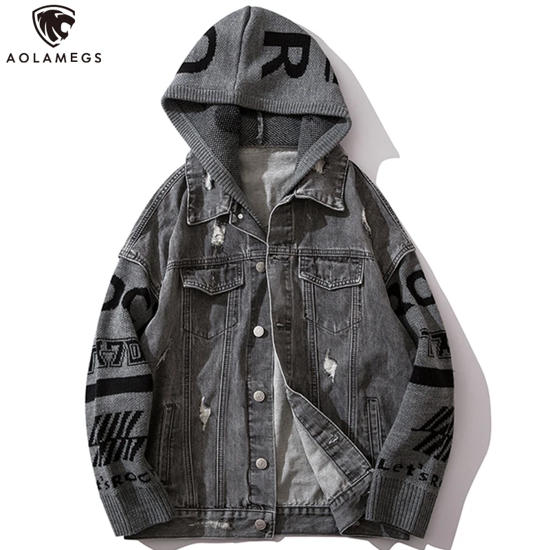 Aolamegs Men's Denim Jacket Patchwork Knit Cowboy Coat Men Retro Knitting Sleeve Hooded Jacket Cargo Men High Street Streetwear
Aolamegs Men's Denim Jacket Patchwork Knit Cowboy Coat Men Retro Knitting Sleeve Hooded Jacket Cargo Men High Street Streetwear