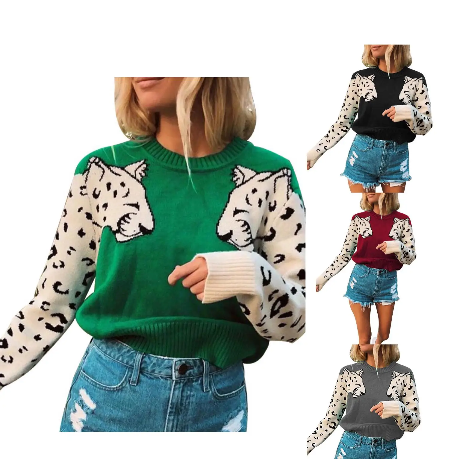 Autumn Knitted Cropped Sweater for Women Leopard Pattern Long Sleeve Knitting Sweaters Pullovers Female 2020 Winter Loose Jumper
Autumn Knitted Cropped Sweater for Women Leopard Pattern Long Sleeve Knitting Sweaters Pullovers Female 2020 Winter Loose Jumper