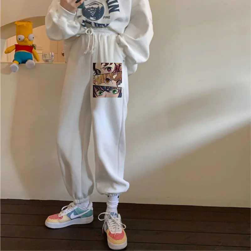 

Women Chic Korean Fashion Wear Straight Pants Harajuku Demon Slayer Print Vintage High Waist Female Trousers Mujer Clothing 2021