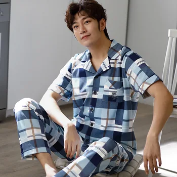 Blue Plaid Men's Home Service Summer New Korean Style Fresh Cardigan Short-sleeved Trousers Pajamas Uomo Pyjama Homme Fashion
Blue Plaid Men's Home Service Summer New Korean Style Fresh Cardigan Short-sleeved Trousers Pajamas Uomo Pyjama Homme Fashion