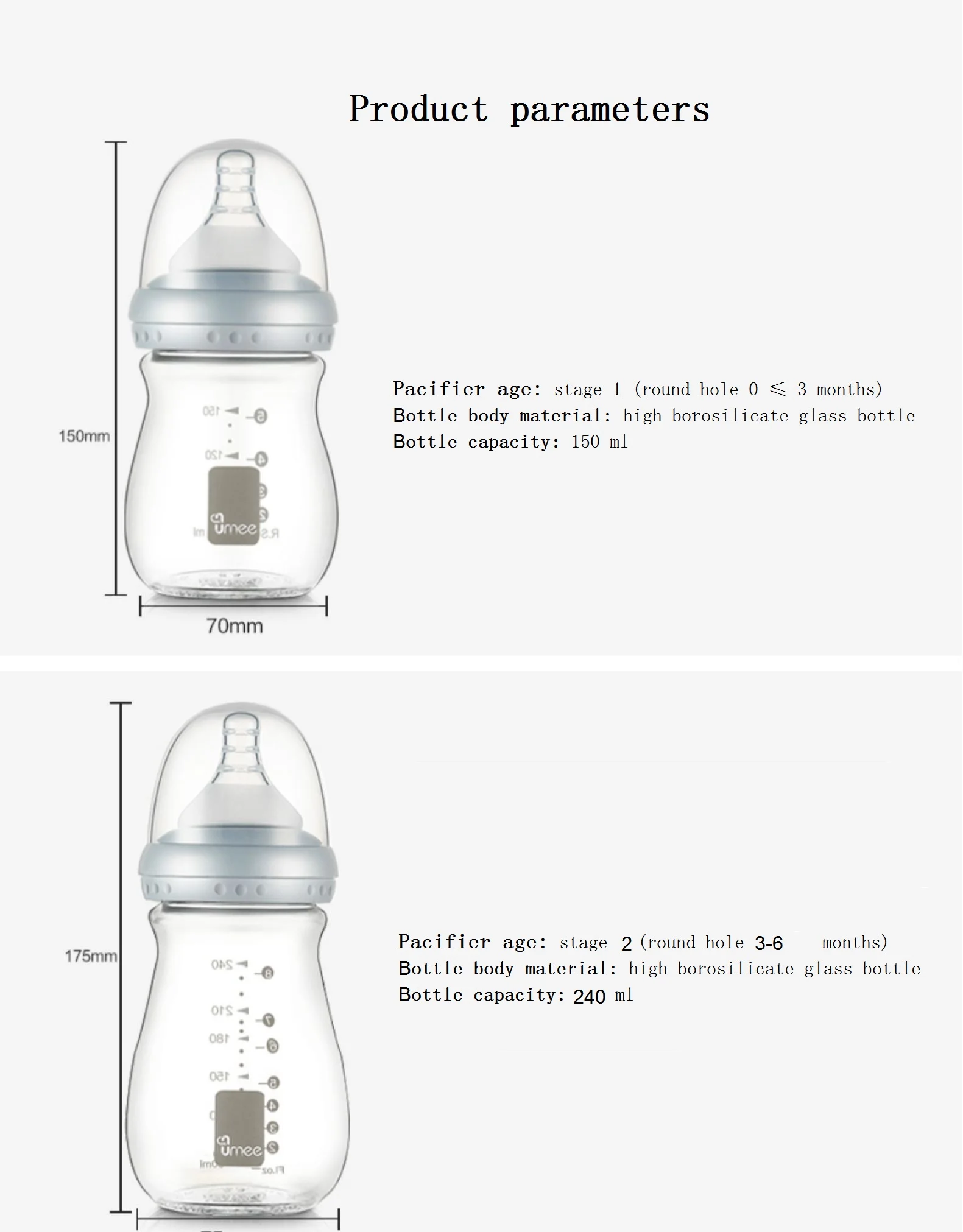 Umee 150ml szklana butelka do karmienia dziecka z matką dotykową kaszą, ochroną przed kolką - Wianko - 1