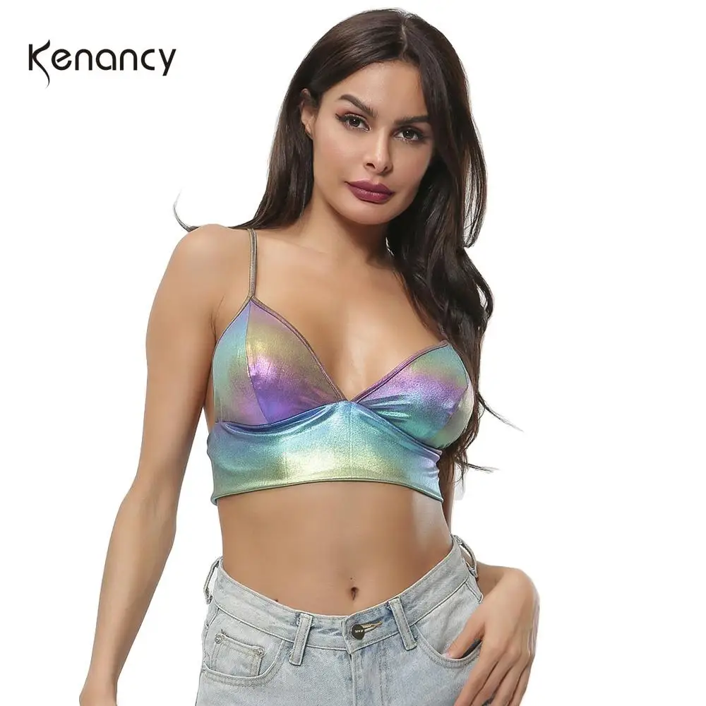 Kenancy Sexy V Бюстгальтеры с воротником голографический бюстгальтер короткий топ на