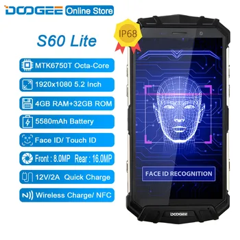 

DOOGEE S60 Lite IP68 Water 5580mAh Wireless Charge 12V2A Quick Charge 5.2'' FHD MT6750T Octa Core 4GB 32GB Smartphone 16.0MP Cam