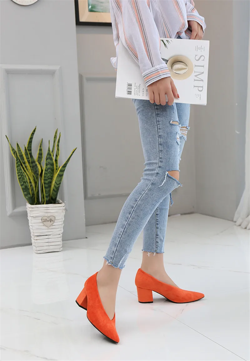 Korean High Thick Heel Single Shoes Female 2020 New High-heeled V-port Lady Shoes Comfortable Cashmere Women's Work Pumps Shoes  (16)